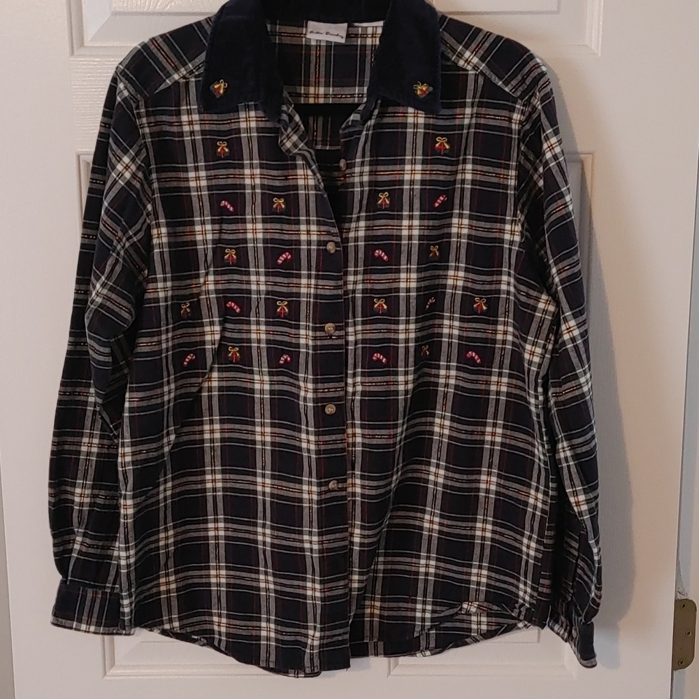 Vintage Holiday Long Sleeve Button Down Womens Sz Medium Plaid Metallic Velvour